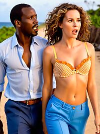 Two models black man and young white woman pose together on Zanzibars sunset beach
