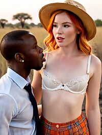 A joyous black man in plaid attire gazes at his ginger haired partner