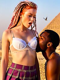 Black man and a young white woman engage in passionate outdoor lovemaking at the Pyramids of Giza at sunset