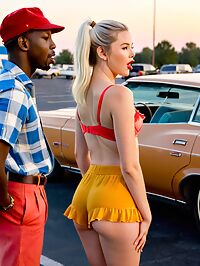 A middle aged black man and a white woman in a parking lot with a classic car at dusk