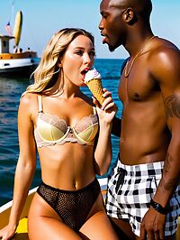 A dark skinned man looks terrified on a sunny day as he watches a 20 year old woman