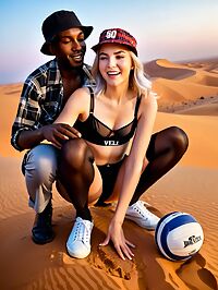 Black man smiles at younger white woman in lingerie on dunes of Sahara desert sunset