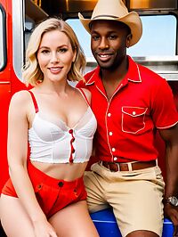Black man is happy indoors in food truck with 35 year old white woman