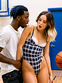 A tense moment unfolds on the indoor basketball court between two models