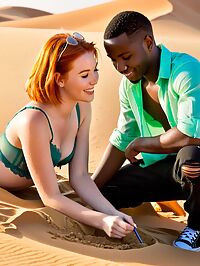 A tan clad black man and fiery redhead embrace on Saharas golden dunes as sunset paints the sky