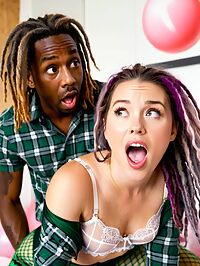 A black man in plaid pants with dreadlocks has sex with an 18 year old woman