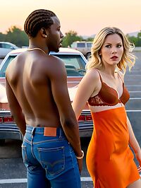 Surprised man and disheveled woman in intimate pose near vintage sedan