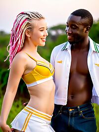 Adult model in black denim and pink dreadlocks with blonde woman in lingerie