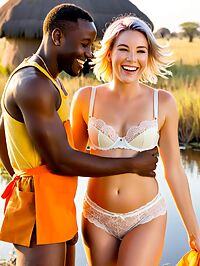 A black man excitedly flirts with a 32 year old woman amidst Botswanas breathtaking Okavango Delta sunset